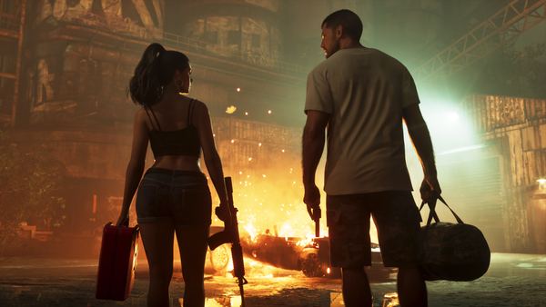 Jason and Lucia in a smoky, burning room, carrying bags
