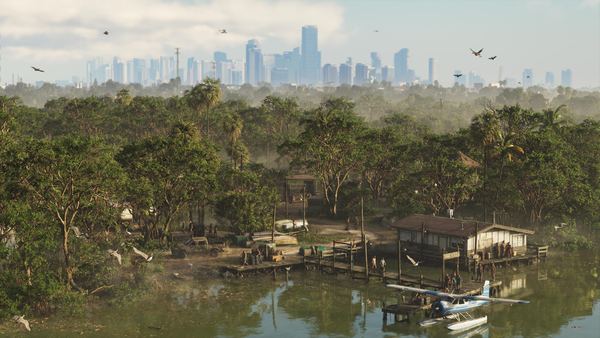 The Vice City skyline rising beyond the Grassrivers swamp
