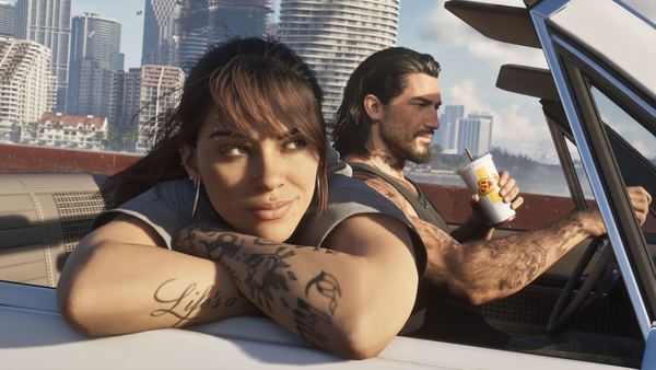Lucia and Jason in a car on a sunny Vice City street
